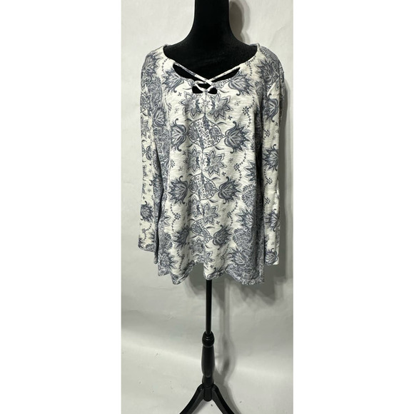 Style & Co. Blue and White Floral Print‎ Long Sleeved Shirt Size L - Picture 1 of 4